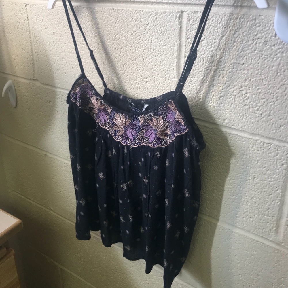 Black flowy tank with embroidered flowers